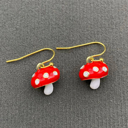 Enamel Red Mushroom Dangle Earrings
