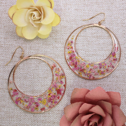 Pink Posy Dried Flower Circle Earrings