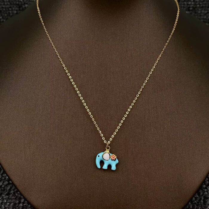 Cute Blue Enamel Elephant 18K Golden S.Steel Neclace - FGS