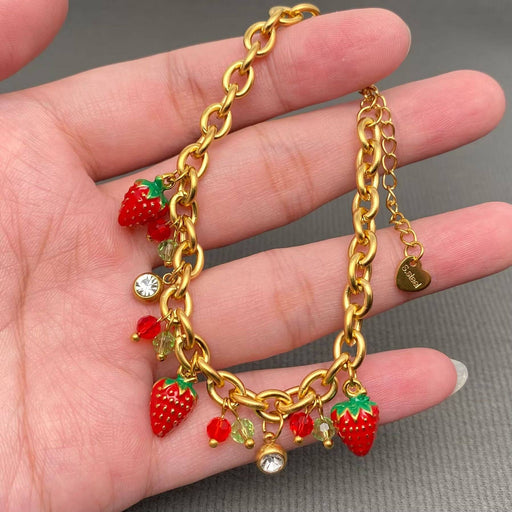 Enamel Strawberry Charm 18K Gold Plated SS Bracelet - FGS