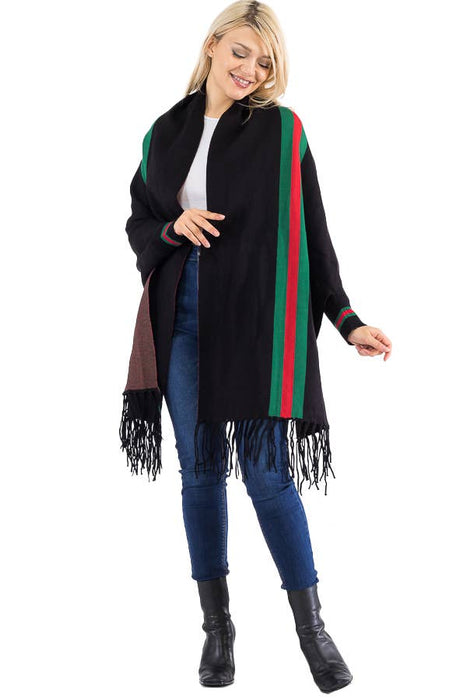 Tri-Stripe Faux Cashmere Cardigan Sweater Shrug Poncho: Camel