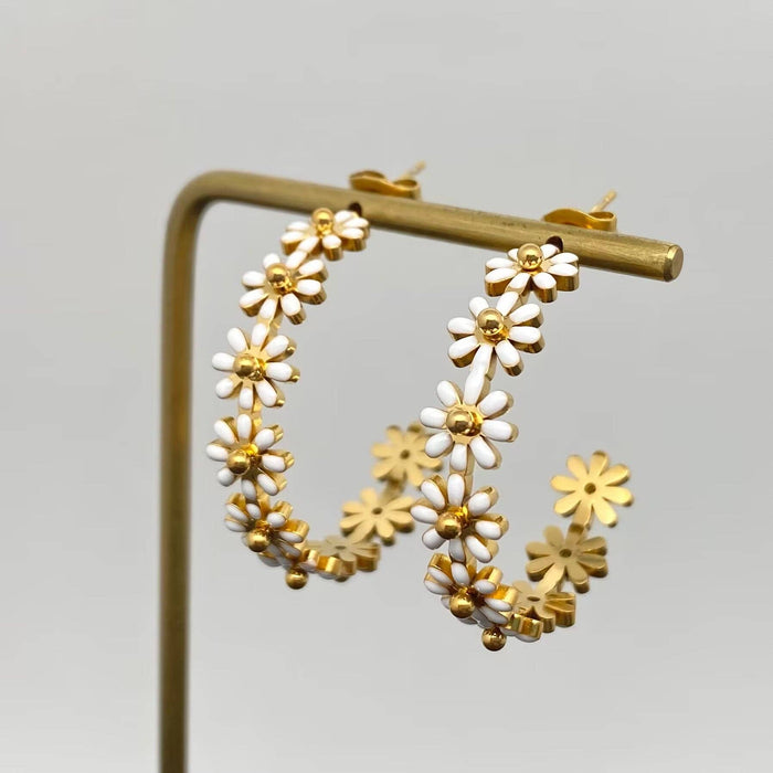 Enamel Daisy 18K Golden S.steel C-Shaped Hoop Earrings - FGS