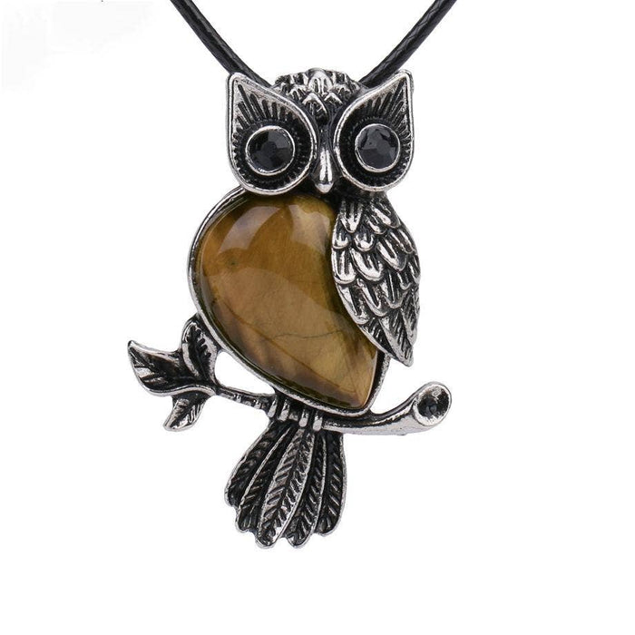 Owl Charm Pendant Necklace with Inlaid Natural Stones - CS