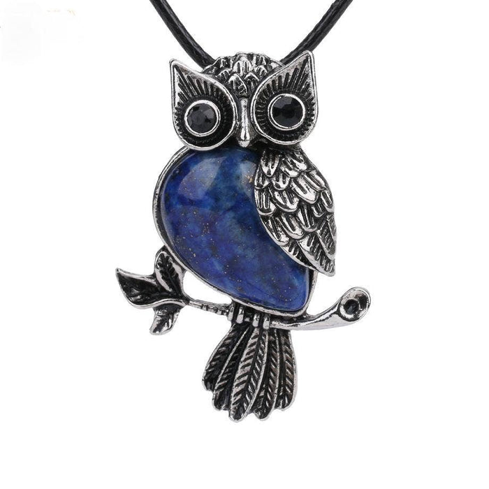 Owl Charm Pendant Necklace with Inlaid Natural Stones - CS