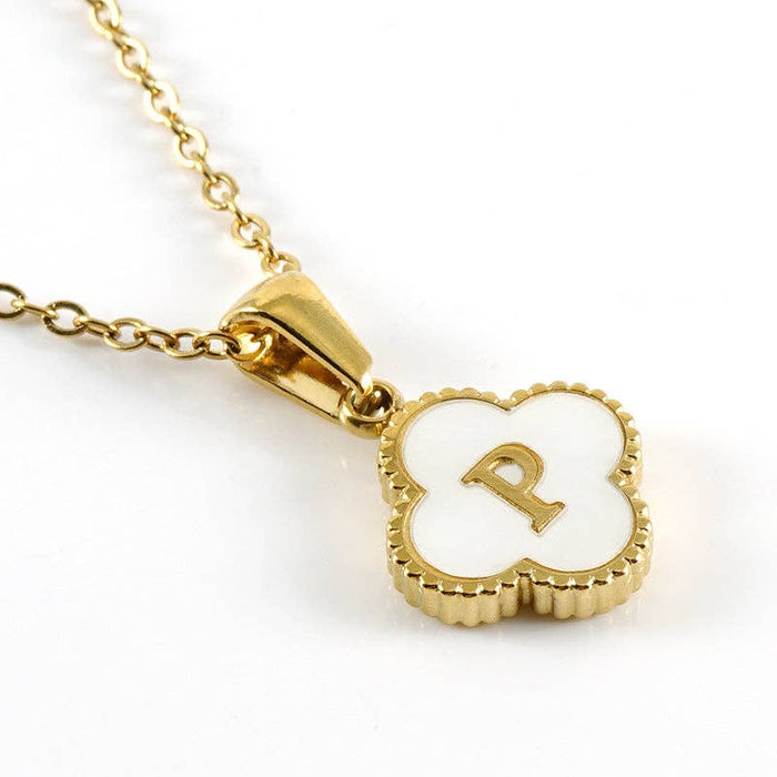 Clover Shell Initial Charm Golden Stainless Steel Necklace