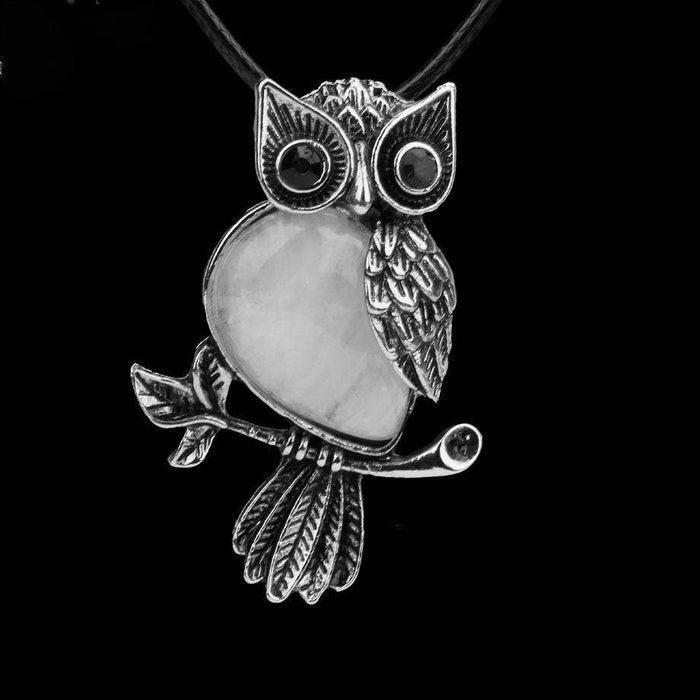 Owl Charm Pendant Necklace with Inlaid Natural Stones - CS