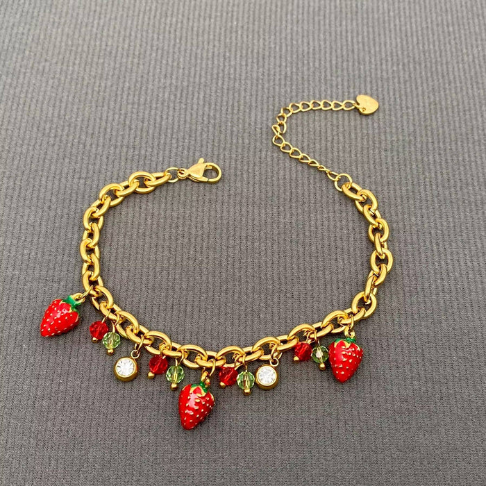 Enamel Strawberry Charm 18K Gold Plated SS Bracelet - FGS
