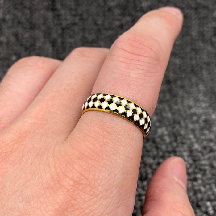 Enamel Black and White Grid 18K Gold Plated SS Ring - FGS