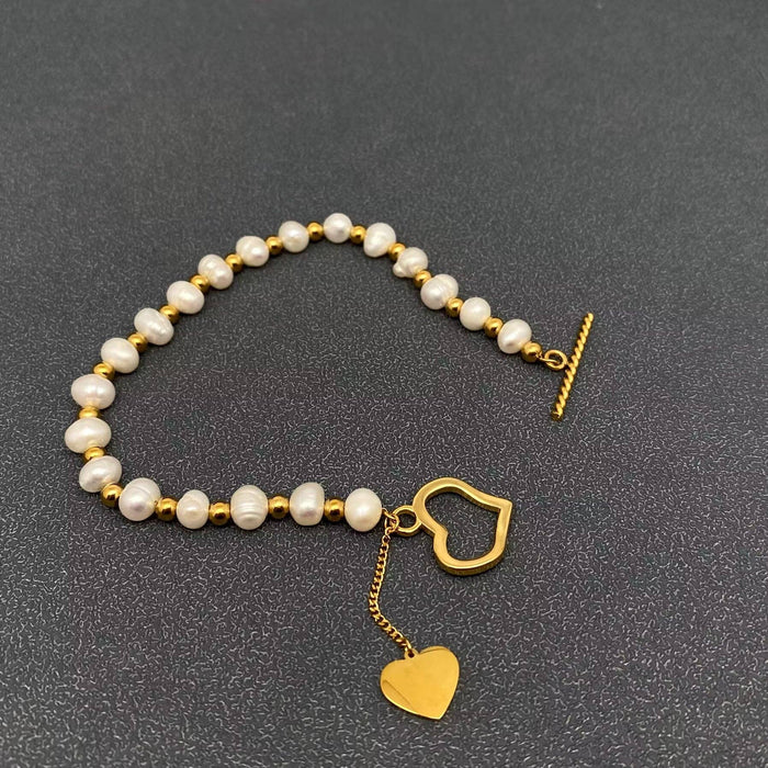 Shell Heart Charm Pearl & 18K Golden SS Beaded Bracelet -FGS