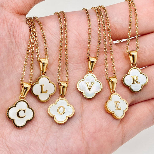 Clover Shell Initial Charm Golden Stainless Steel Necklace