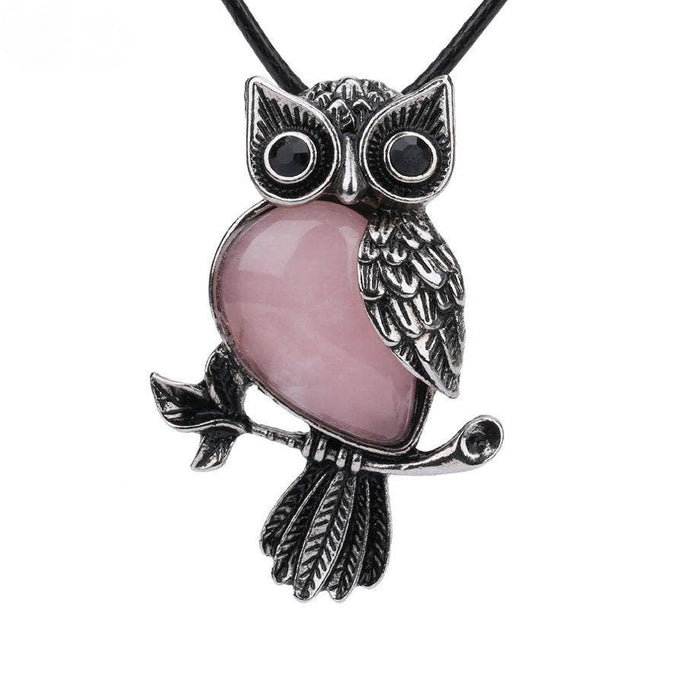 Owl Charm Pendant Necklace with Inlaid Natural Stones - CS