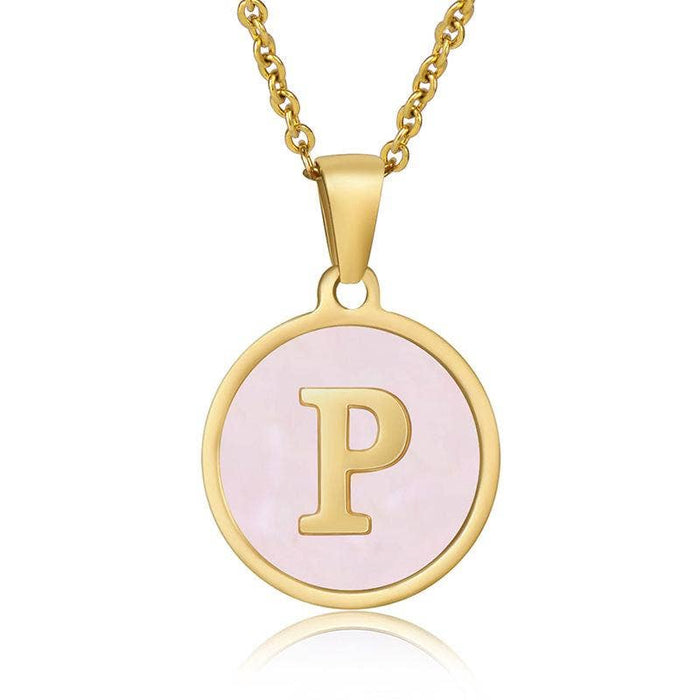 Pink Shell Initial 18K Gold Plated SS Round Charm Necklace