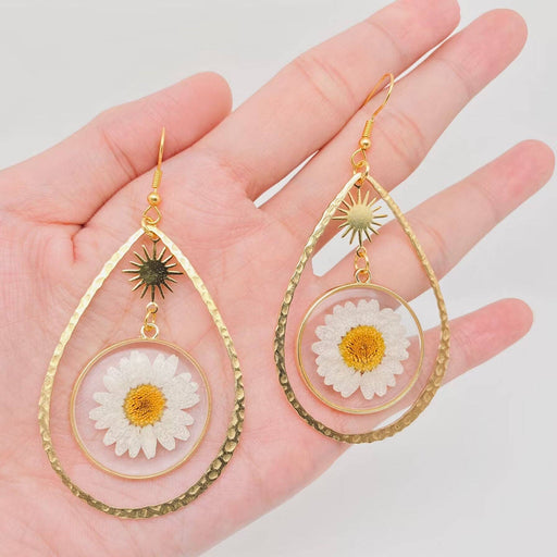 Daisy Pressed Flower Drop-shaped Dangle Earrings -PDF