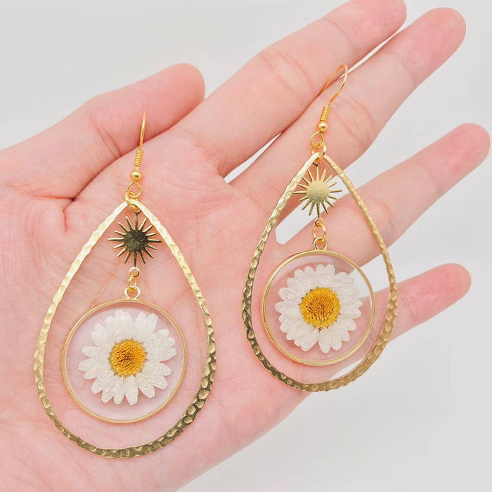 Daisy Pressed Flower Drop-shaped Dangle Earrings -PDF