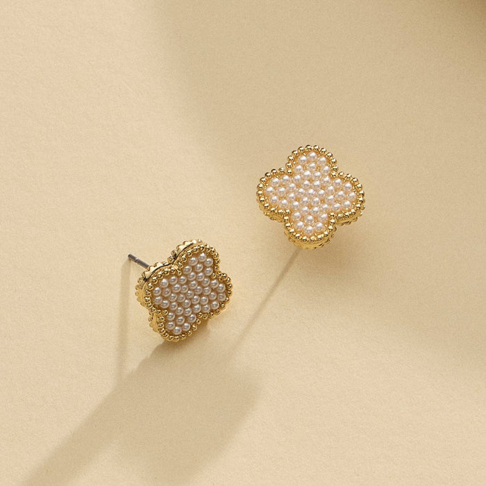 Elegant Pearl Quatrefoil Shape Stud Earrings