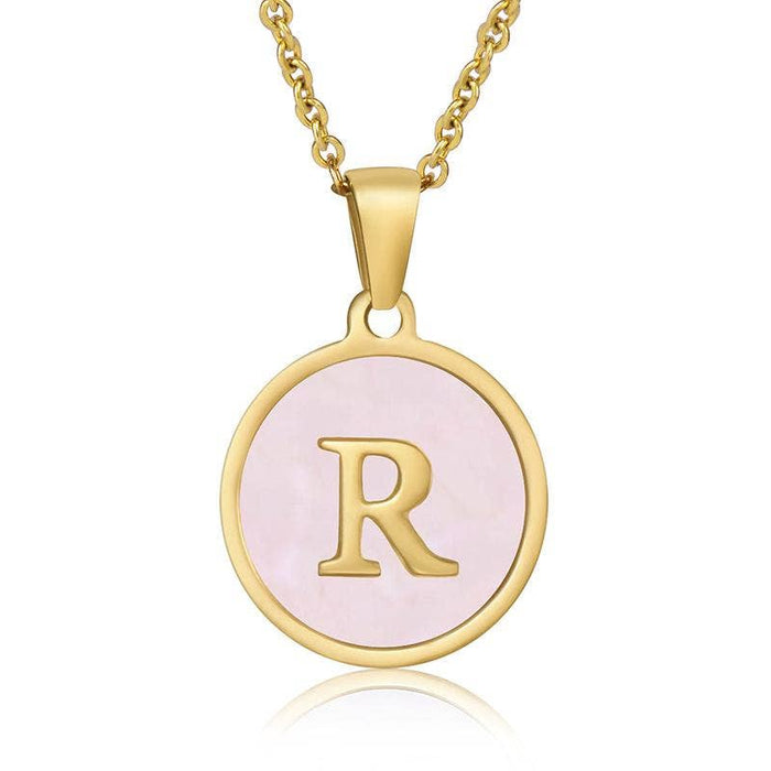 Pink Shell Initial 18K Gold Plated SS Round Charm Necklace