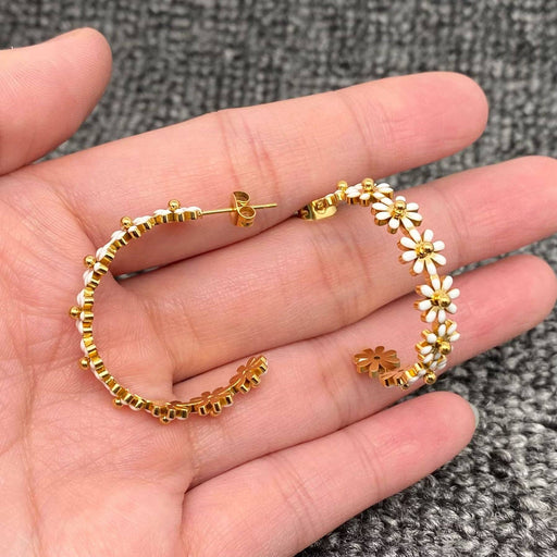 Enamel Daisy 18K Golden S.steel C-Shaped Hoop Earrings - FGS