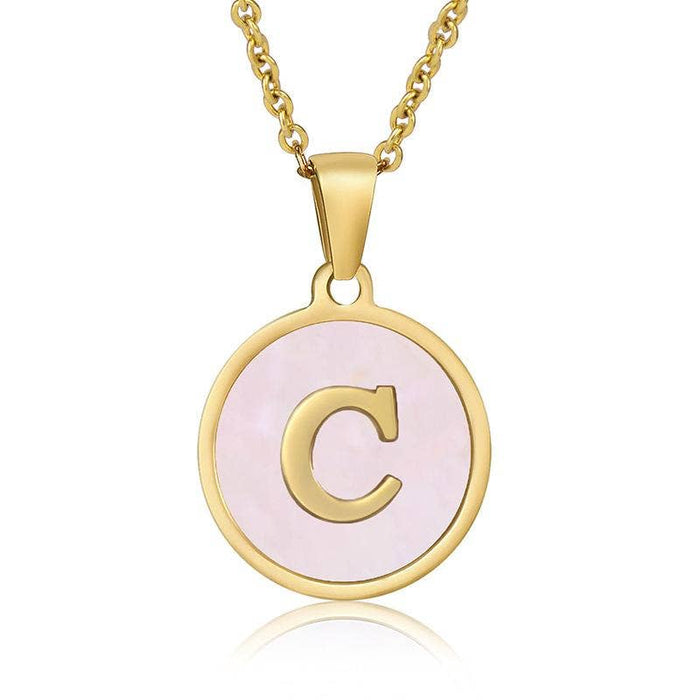 Pink Shell Initial 18K Gold Plated SS Round Charm Necklace