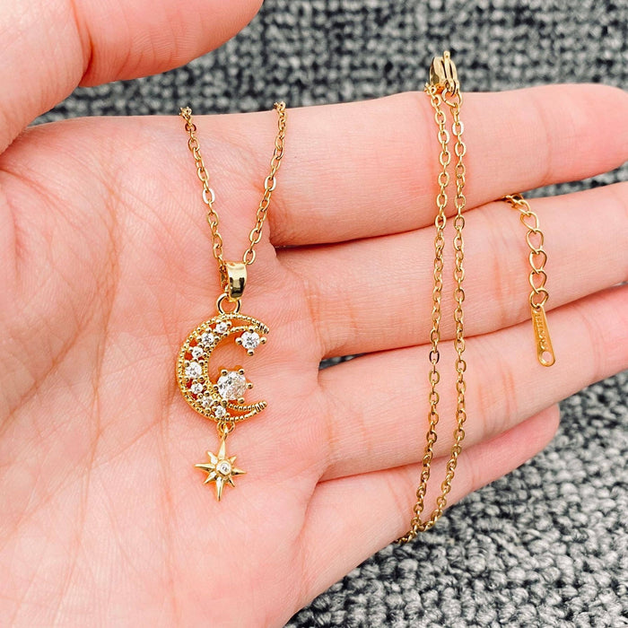 Sparkling Cubic Zirconia Star Moon charm Necklace - MS