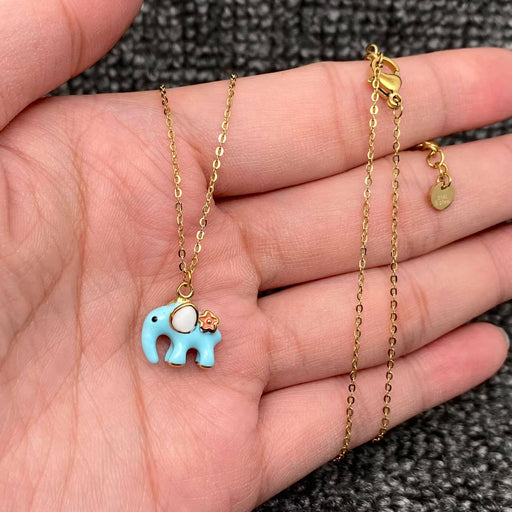 Cute Blue Enamel Elephant 18K Golden S.Steel Neclace - FGS