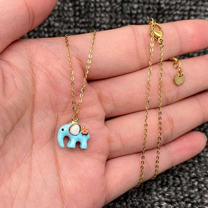 Cute Blue Enamel Elephant 18K Golden S.Steel Neclace - FGS