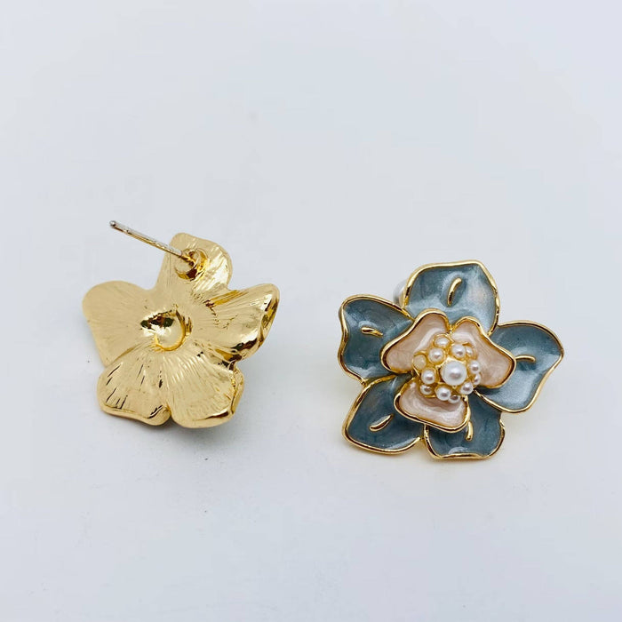 Pearl Enamel Flower Stud Earrings