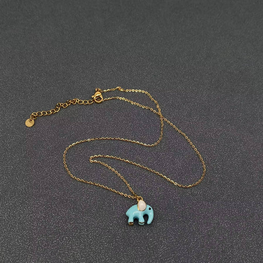 Cute Blue Enamel Elephant 18K Golden S.Steel Neclace - FGS
