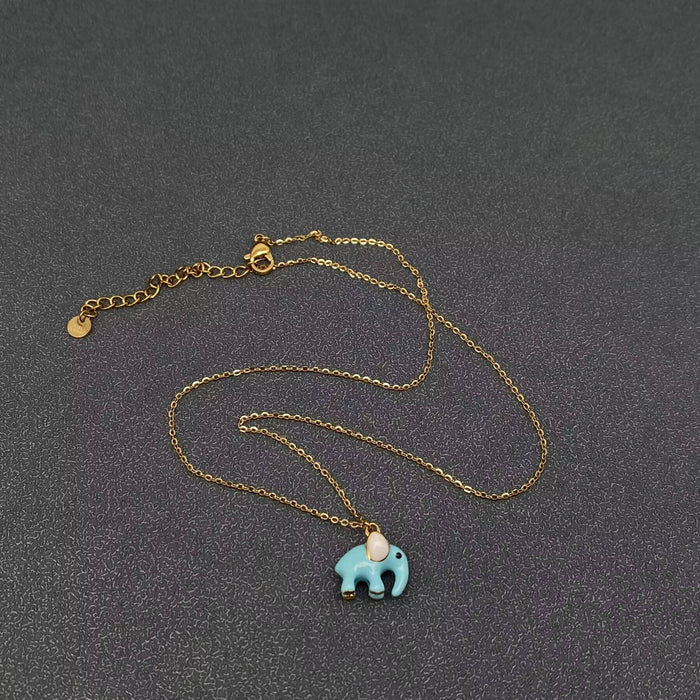 Cute Blue Enamel Elephant 18K Golden S.Steel Neclace - FGS