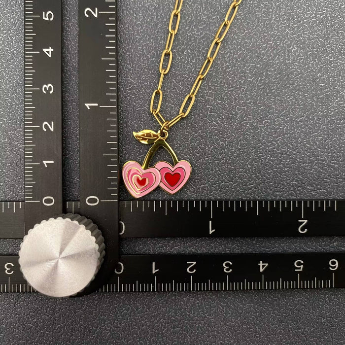 Pink Heart Cherry Charm 18K Gold Plated S.Steel Necklace-FGS