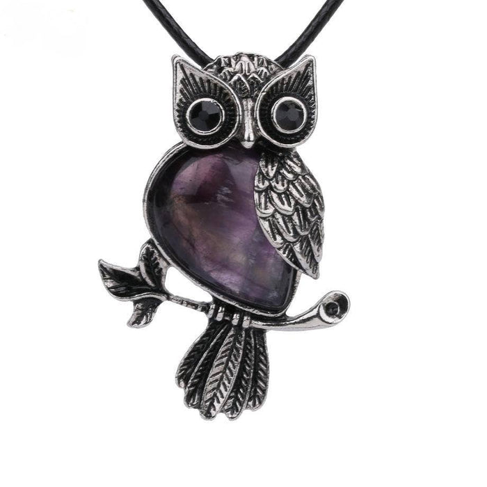 Owl Charm Pendant Necklace with Inlaid Natural Stones - CS