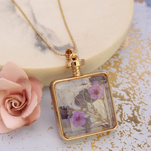Faux Bottle Purple Dried Flower Gold Necklace