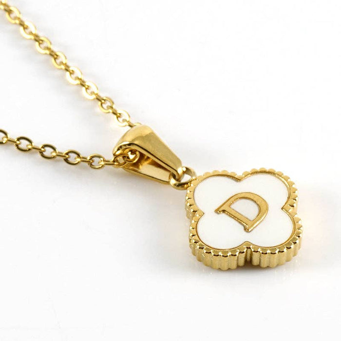 Clover Shell Initial Charm Golden Stainless Steel Necklace