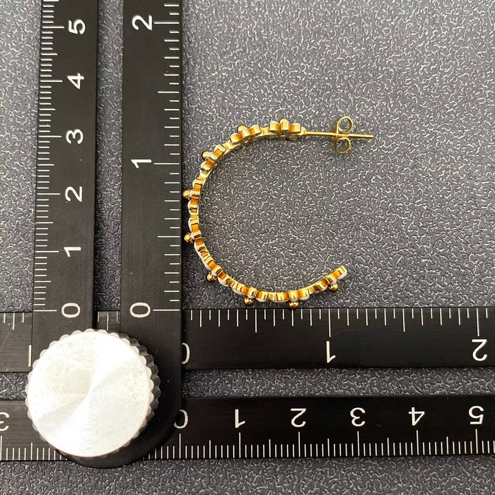 Enamel Daisy 18K Golden S.steel C-Shaped Hoop Earrings - FGS