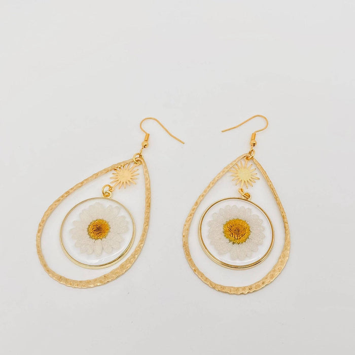 Daisy Pressed Flower Drop-shaped Dangle Earrings -PDF