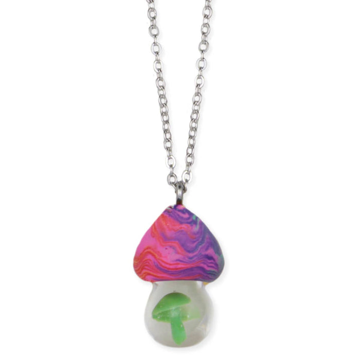 Pink Clay & Glass Mushroom Silver Necklace