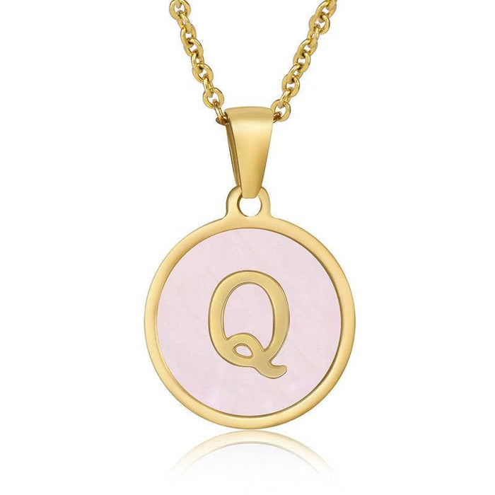 Pink Shell Initial 18K Gold Plated SS Round Charm Necklace