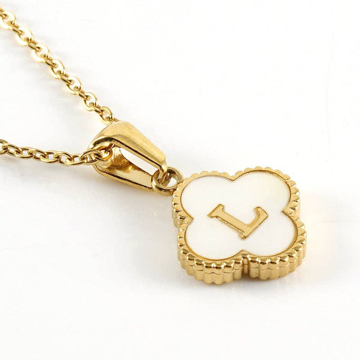 Clover Shell Initial Charm Golden Stainless Steel Necklace