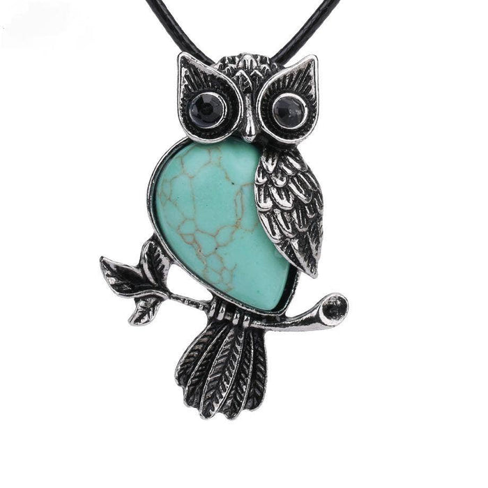 Owl Charm Pendant Necklace with Inlaid Natural Stones - CS