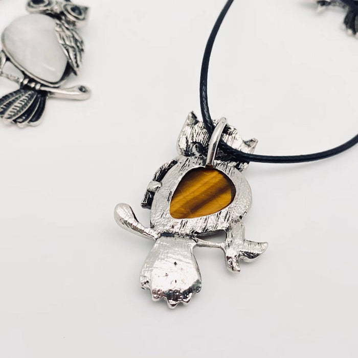 Owl Charm Pendant Necklace with Inlaid Natural Stones - CS