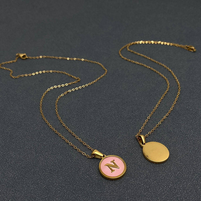 Pink Shell Initial 18K Gold Plated SS Round Charm Necklace