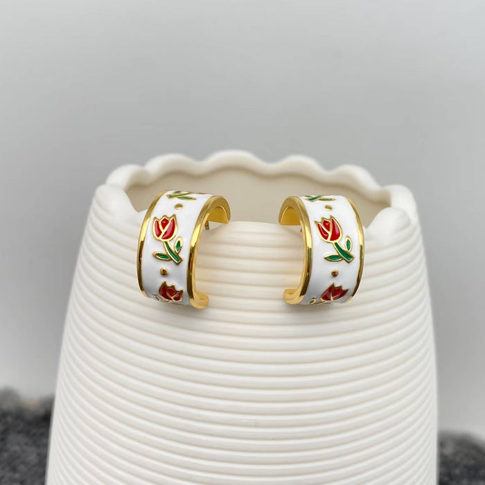 Enamel Tulip 18K Gold Plated C Shape Stud Earrings