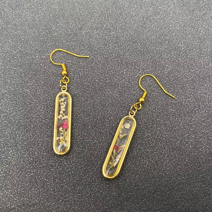 Dried Flower Long Oval Charm Dangle Earrings - PDF