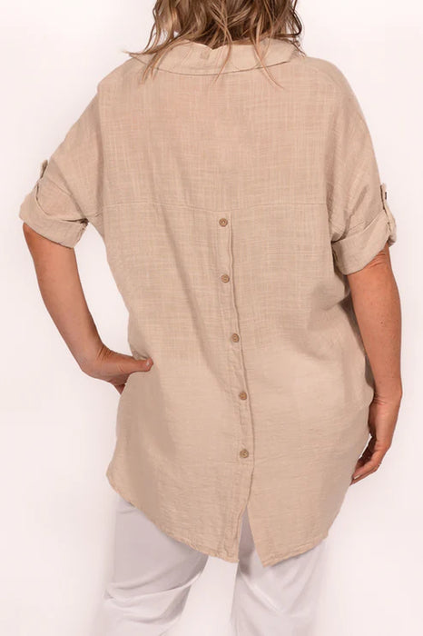 BEIGE BUTTON BACK HENLEY SHIRT