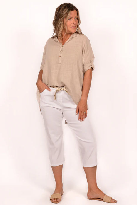 BEIGE BUTTON BACK HENLEY SHIRT