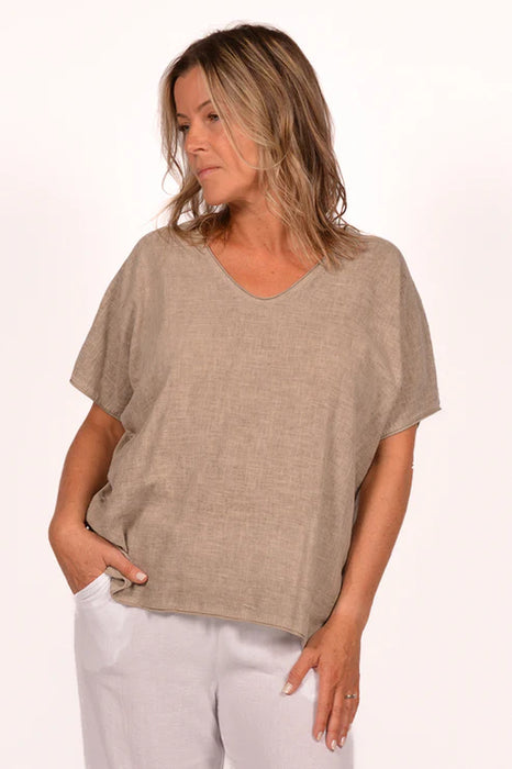 TAN LINEN FRONT VNECK TEE