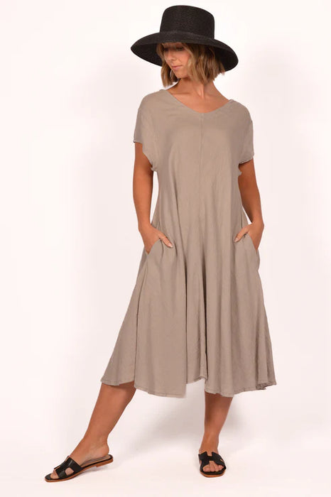 TAN LINEN BIAS CUT DRESS