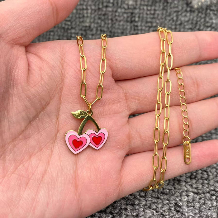 Pink Heart Cherry Charm 18K Gold Plated S.Steel Necklace-FGS