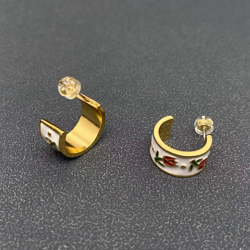 Enamel Tulip 18K Gold Plated C Shape Stud Earrings