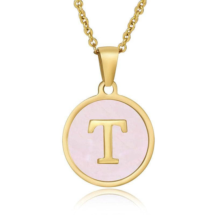 Pink Shell Initial 18K Gold Plated SS Round Charm Necklace