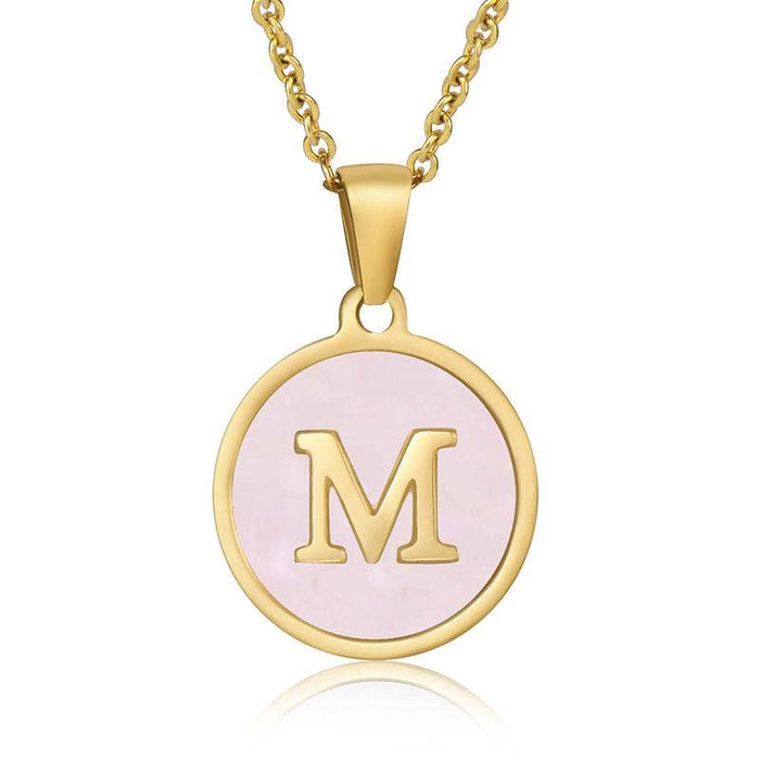 Pink Shell Initial 18K Gold Plated SS Round Charm Necklace